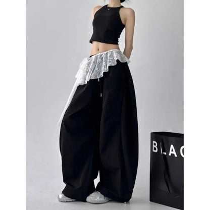 Embroidered Flower Lace Mini Skirt Irregular See Through Ruched Skirts Y2K Streetwear Lace-up Design Butt Curtain