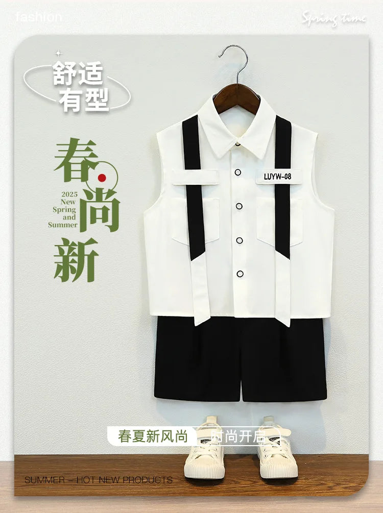 Boys British Sleeveless Shirt Shorts Formal Dress Kids Summer Solid Color Blazer Clothes Sets Children Tuxedo Toddler Costumes