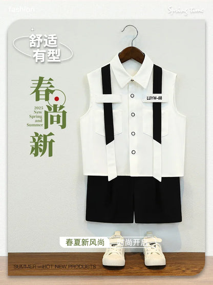 Boys British Sleeveless Shirt Shorts Formal Dress Kids Summer Solid Color Blazer Clothes Sets Children Tuxedo Toddler Costumes