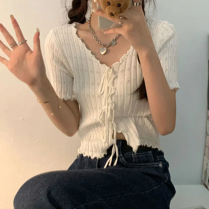TShirt For Women V-neck Summer Simple Versatile Casual Crop Tops Bandage Ribbed Short Sleeve Women's Top T-Shirt Girl
