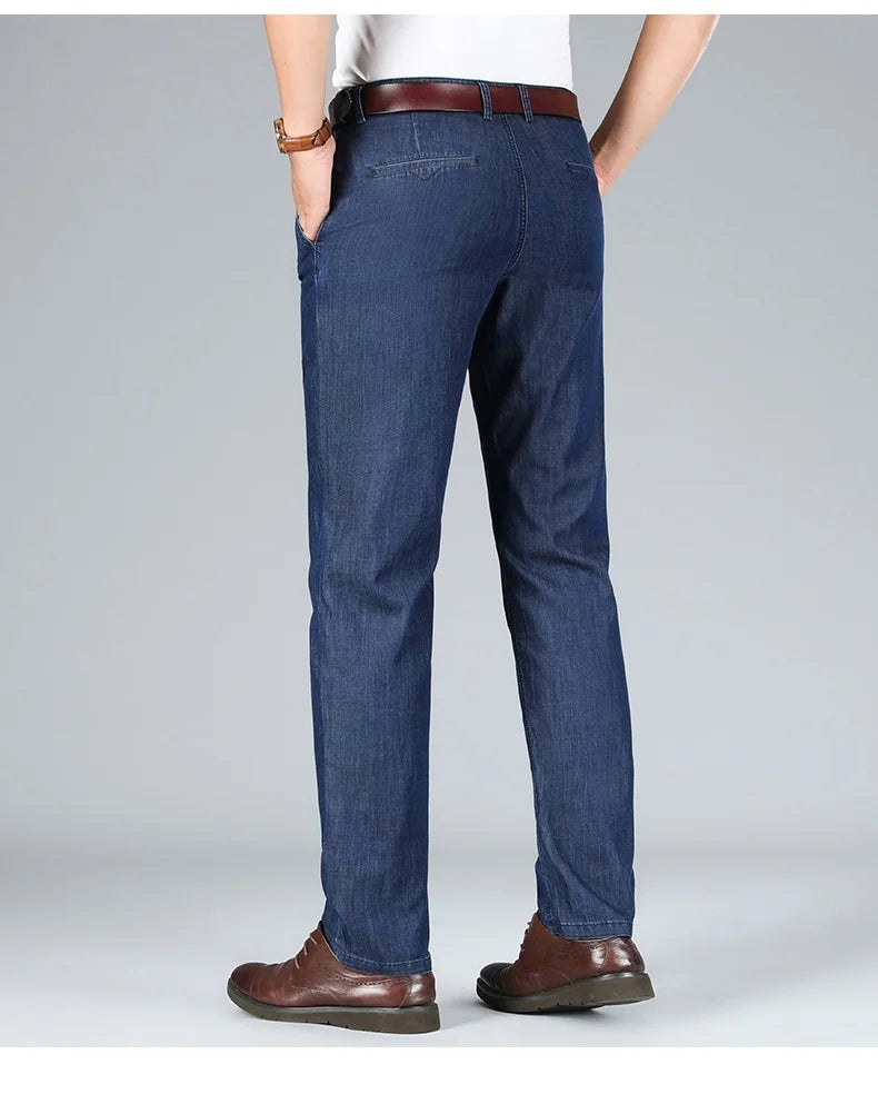 2026 Thin Stretch Denim Business Casual High Waist  High Lyocell  Men's Fit Straight Lightweight Cotton  Light Grey Jeans
