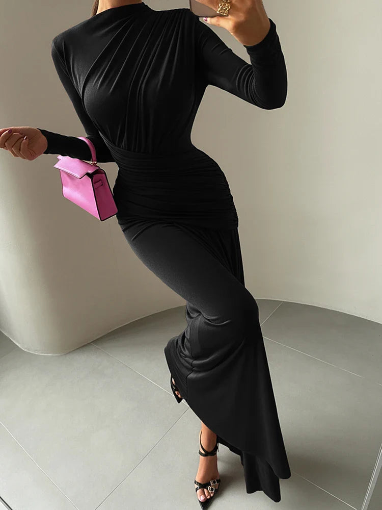 Maxi Dress Women o-Neck Full Sleeve Solid Banquet Elegant Vacation Fashion Autumn Skinny Casual Simple Vestido