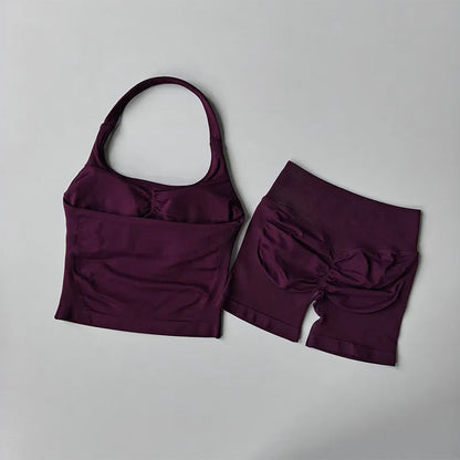 Seamless Halter Neck Yoga Wear Two Piece Women's Push up Sports Bra High Waist Tummy Control Butt Lift Fitness Shorts Set
