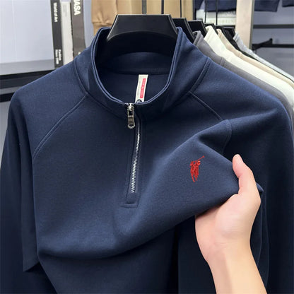 Half zip hoodie men's long sleeved t-shirt autumn plus size middle-aged and young embroidered pony logo collar polo shirt top