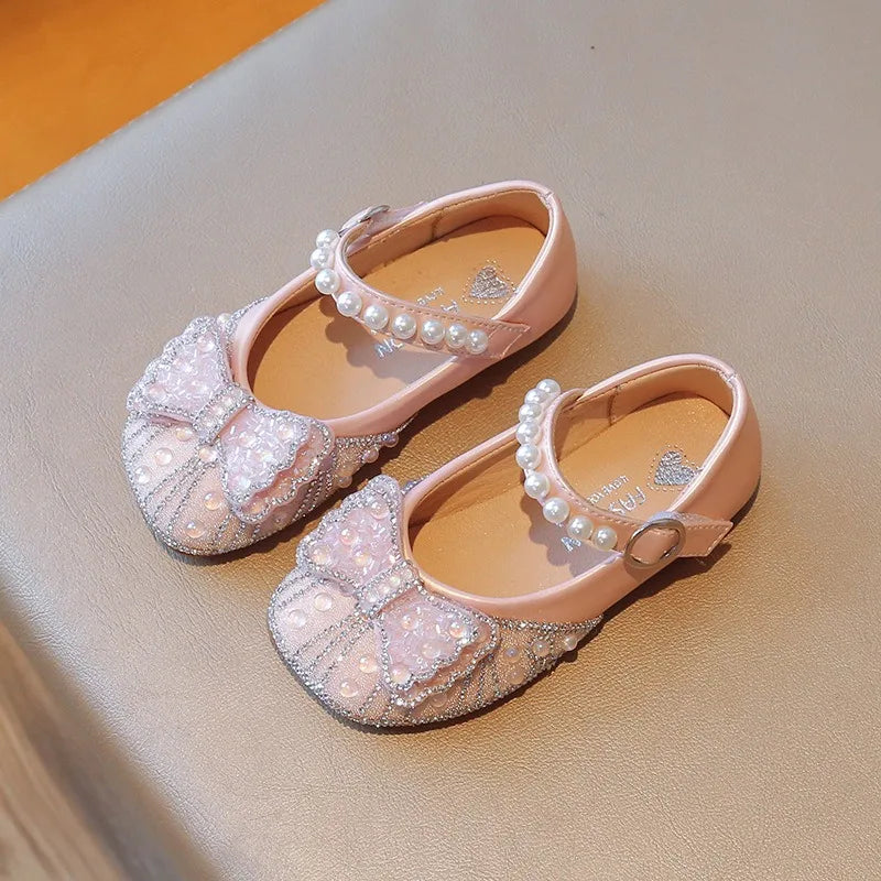 Size 23-34 Silver Bow Cute Princess Flat Shoes for Teenage Girls Casual Low Vamp Student Performance Dance Shoes