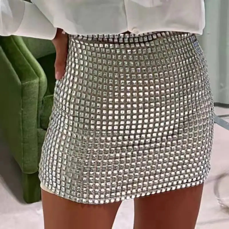 Summer Women Sequined Slim A-Line Skirt Ladies Wrap Hip Solid Sliver Mesh Skirt Female Casual Above-knee Sexy Fashion Skirts