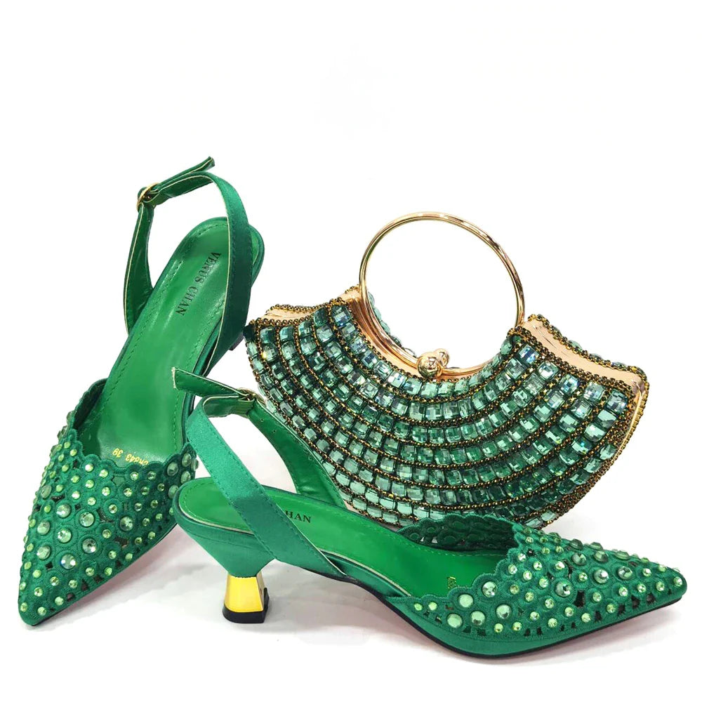 Latest High Heel Gold Color Atmospheric Luxury Pattern With Rhinestones Party Ladies Shoes And Bag Set