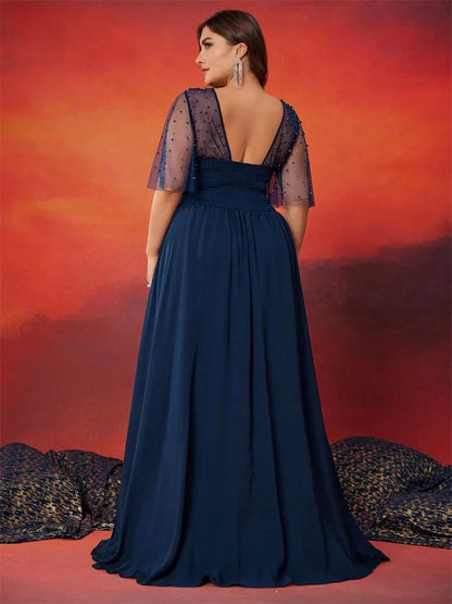 Plus Size Luxury V-Neck Chiffon Blue Evening Dress Women Elegant V-back Wedding Party Long Prom Cocktail Dress