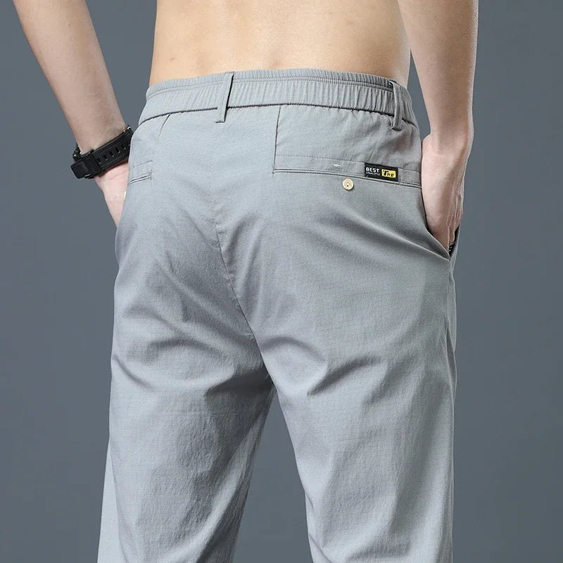 Summer Pants Ice Silk Men's Casual Simple Khaki Black Slim Straight Stretch Trousers Business Casual Male Clothing Pant