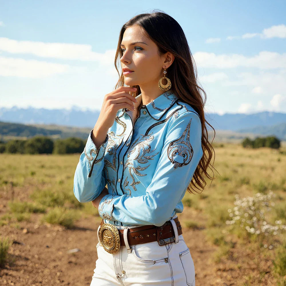 Women's Blouse Long Sleeve Turn Down Collar Floral Printed Single Breasted Chic Western Cowboy Casual Vintage Autumn Shirt Tops