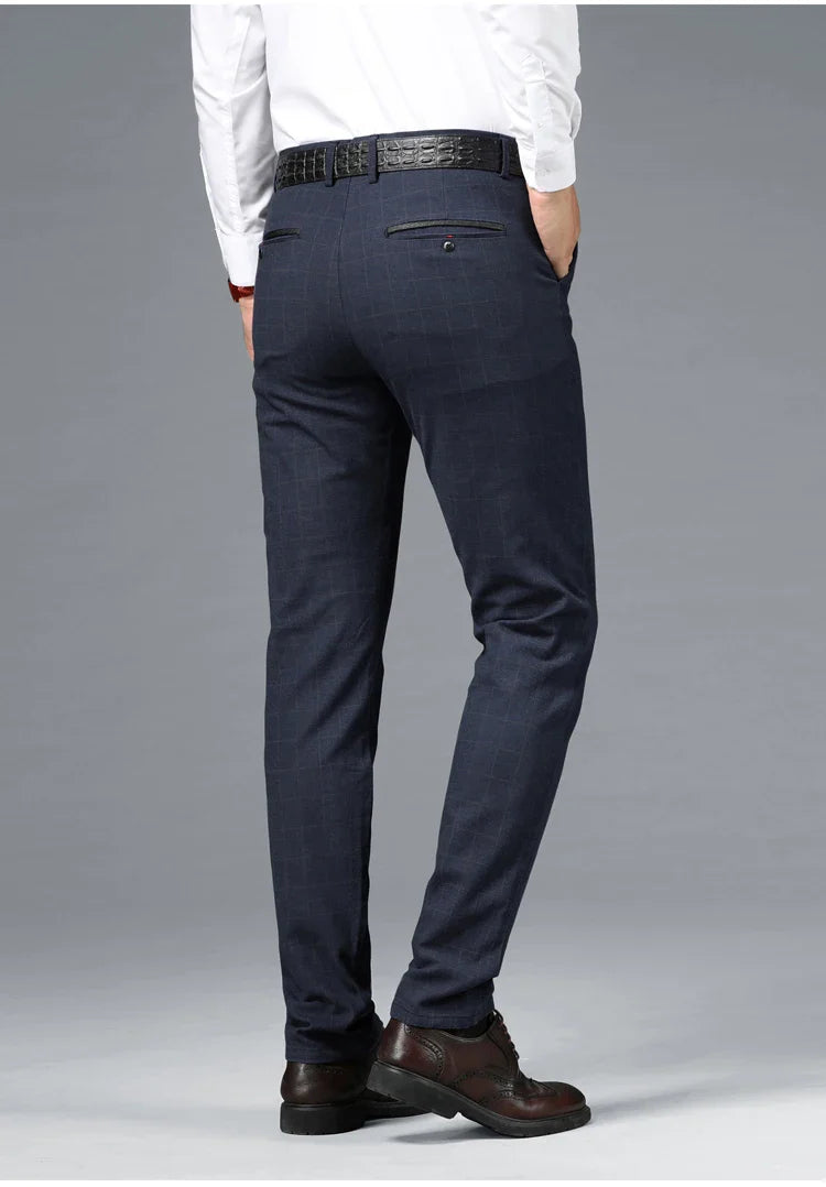 Spring Summer Business Men's Casual Pants Fashion Grid Design Versatile Comfortable Slim Straight Legs Elastic Male Trousers