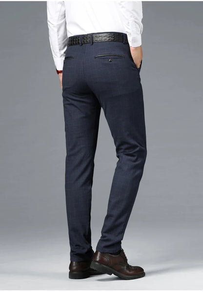 Spring Summer Business Men's Casual Pants Fashion Grid Design Versatile Comfortable Slim Straight Legs Elastic Male Trousers