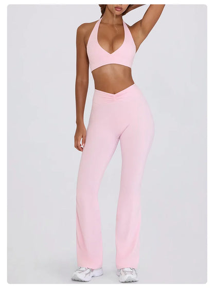 Women's Yoga Suits Camisole Backless Nude Beautiful Back Neck Hanging Bra Flared Pants Fitness Set