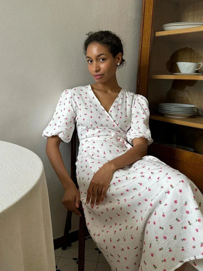 Summer Women Psrinted Dress Lace Up Short Sleeve Fashion Office Lady Long Dress 100% Cotton Daily Casual V-neck Skirt