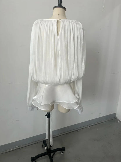 Elegant Ruched Mini Dress For Women Round Neck Lantern Long Sleeve High Waist Temperament Dresses Female Fashion 2025 CLOTHING