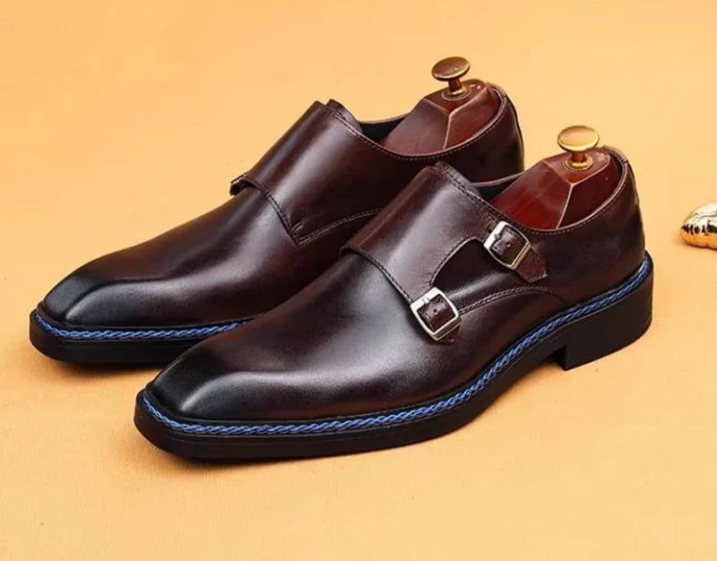 High-end Cowhide Leather Shoes For Men Square Toe Double Monk Strap Shoes Mens Dress Shoes Slip On Business Formal Shoes