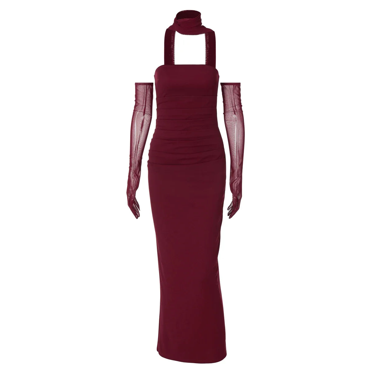Elegant Scarf Strapless Solid Mesh Gloves Sexy Bodycon Maxi Prom Dress Women Fashion Y2K Outfits Wedding Party Birthday
