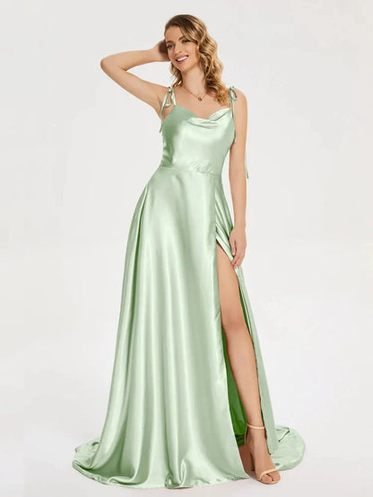 Vestido de Madrinha em Cetim, Estilo Evasê, Fenda, Decote Drapeado, 3 Estilos, com Amarrações, para Eventos Especiais, Vestido de Noite, Vestido de Formatura