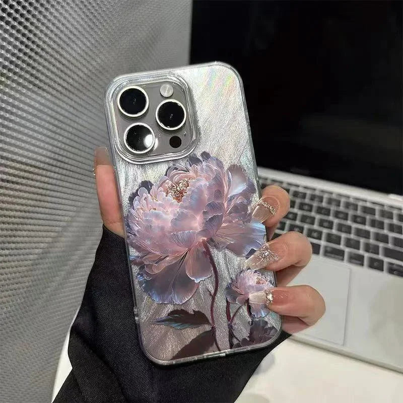 Pink Peony Lotus Print Phone Case for IPhone 16 15 14 13 12 11 17 Air Pro Max 15 Pro 7 8 Plus 16e Shockproof Silver Plated Cover