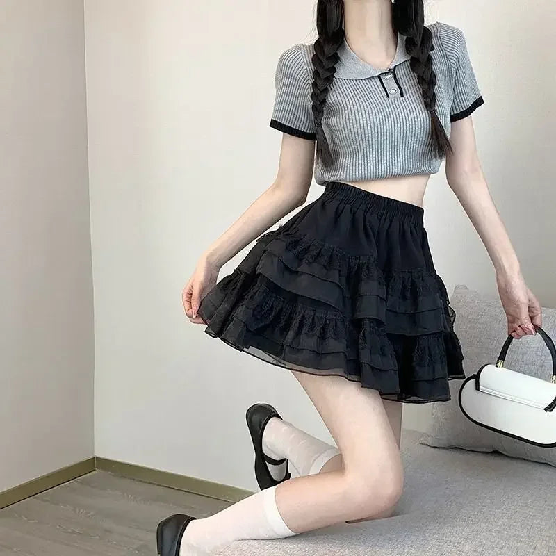 Black White Ruflles Mini Skirt for Women Elastic Waist Tiered Lace Tulle Skirts Shoujo Giris Y2K Kawaii Lolita Style