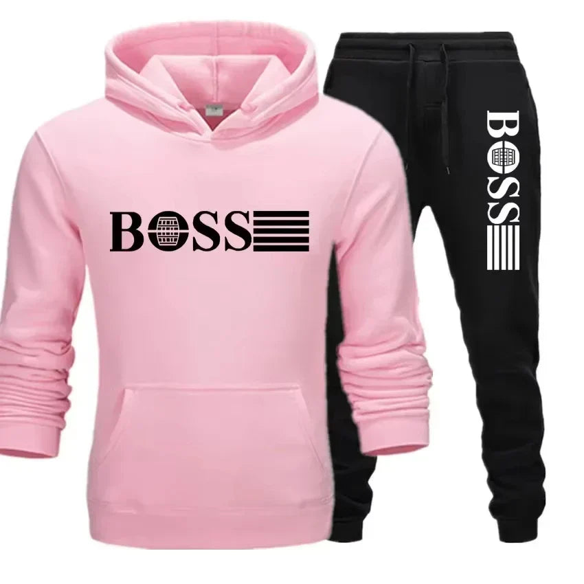 Winter and autumn fleece thickened hooded pullover sweater jacket for men, casual sports outfit, two-piece set for men