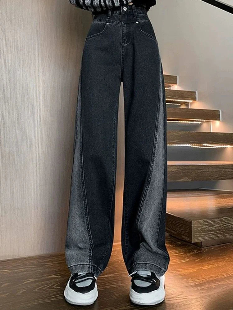 Calça Feminina Cintura Alta Jeans High Street Patchwork Reta