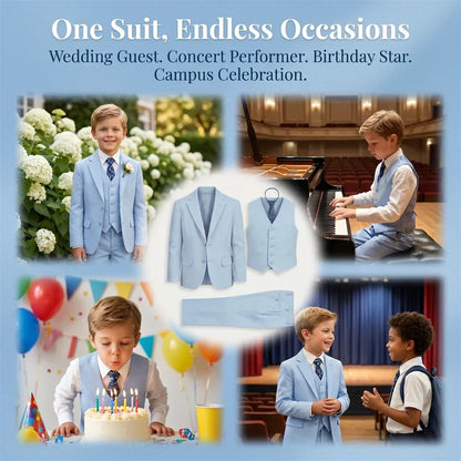 Boys 4 Piece Formal Suit Set with Vest Tie Boutonniere for Wedding Ring Bearer Prom Ceremony Party Celebration Family Gathering