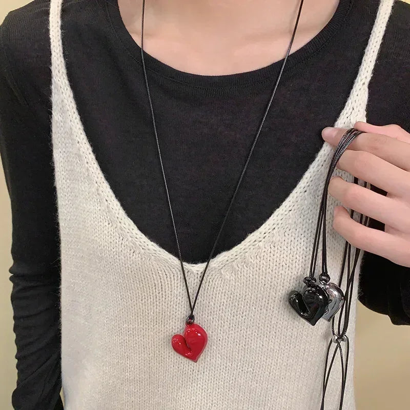 Heart Pendant Necklace for Women Men 85CM Adjustable Pull-out Sweater Chain Fashion Jewelry Accessory Gift
