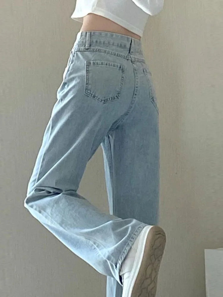 Calça Jeans Casual De Cintura Alta E Perna Larga Retrô Versátil