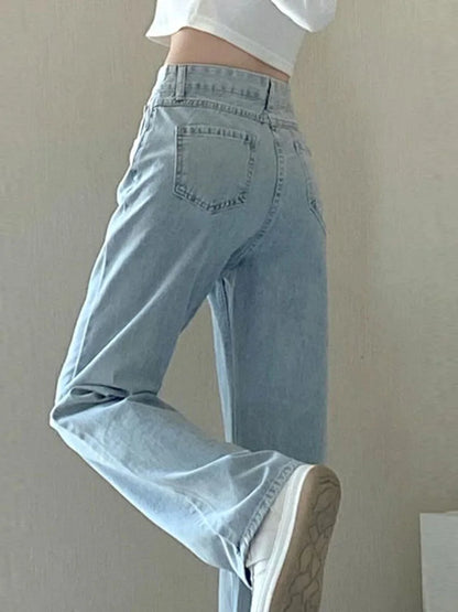 Calça Jeans Casual De Cintura Alta E Perna Larga Retrô Versátil
