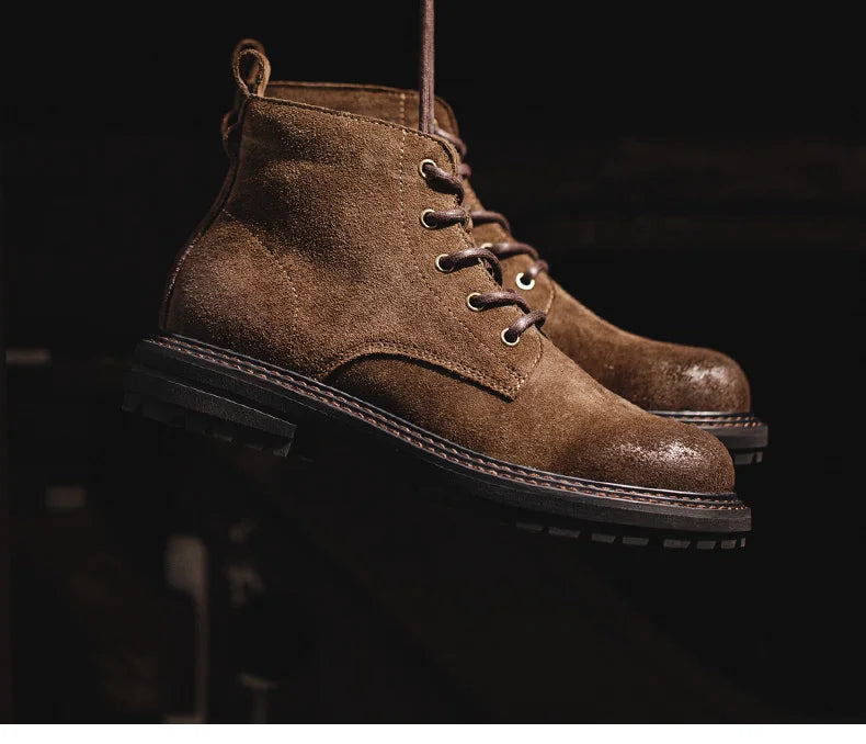 Men's Vintage Split Suede Boots Brown High-Top Work Boots Lace-Up Desert Ankle Rugged Sole Boots Outdoor Winter Fall Shoes