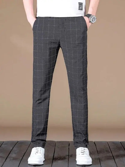 High Quality Plaid Stripe Ankle Length Pants Men Business Long Length Pant Straight Korea Grey Black Suit Formal Trousers Male