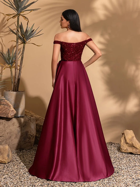 Off-the-shoulder sequined satin elegant dress with bow at waist
