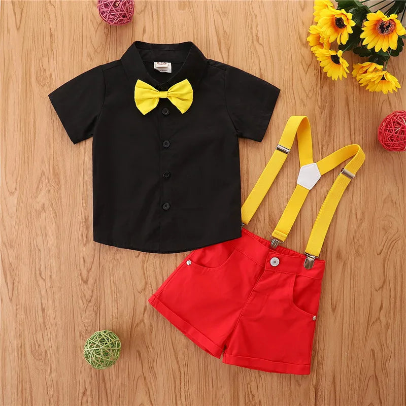 1-5years Toddler Boys Gentleman Suits Summer Short Sleeve Bowtie Lapel Shirt + Bib Shorts Set Kids Boys Summer Casual Sets