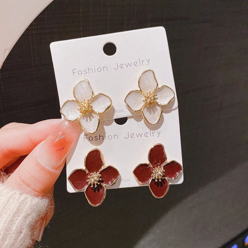 Dropped Glaze Flower Stud Earrings for Women Girl French Ins Vintage 2024 Fashion Korean Wedding Romantic Jewelry Gifts
