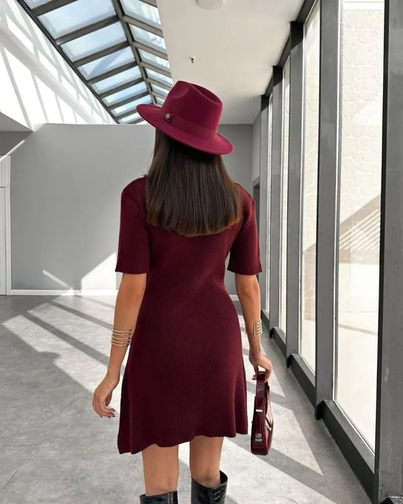 Elegant Knit Mini Dress Women Street Slim High Waist Short Sleeve Rib Sweater Dresses Vacation Bodycon Knitwear Dress