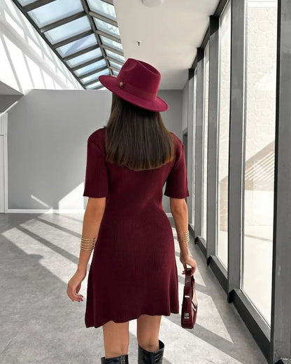 Elegant Knit Mini Dress Women Street Slim High Waist Short Sleeve Rib Sweater Dresses Vacation Bodycon Knitwear Dress