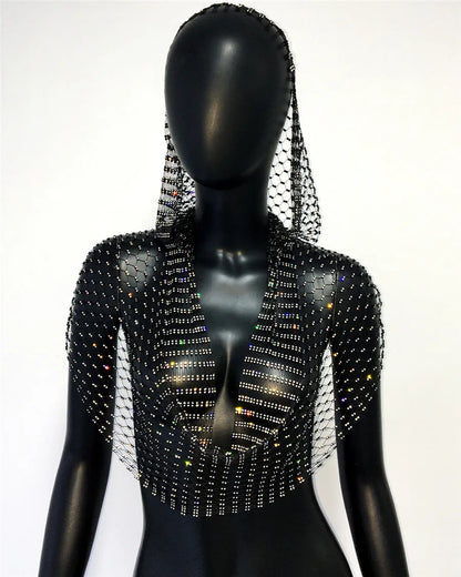 Sexy Deep V Neck Backless Camisole For Women Shiny Rhinestone Hollow See Through Fishnet Hooded Tank Top Rave Festival Crop Tops