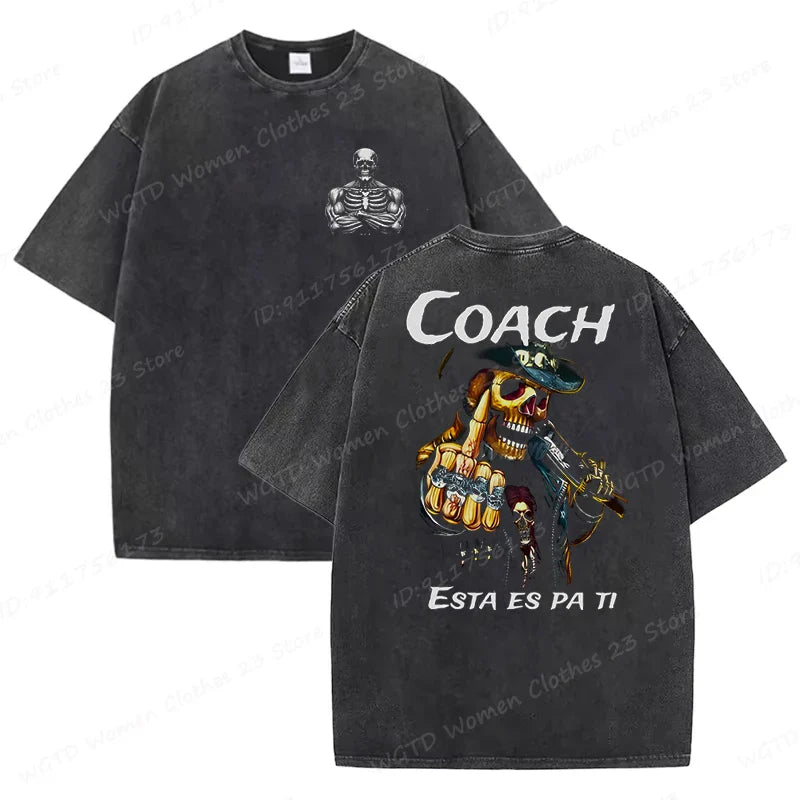 Calacas Chidas Gym Washed T-Shirts Men's Trendy Cool Skeleton & Gym Print Oversized Tshirt Summer Tees Streetwear Casual Tops