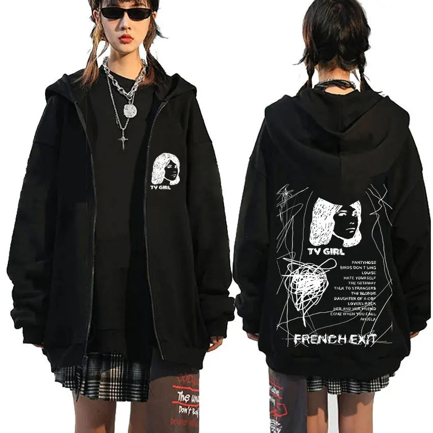 TV Girl Who Really Cares Graphic Print Zipper Hoodie Men Women Fashion Casual Oversized Zip Up Jacket Male Fleece Sweatshirts