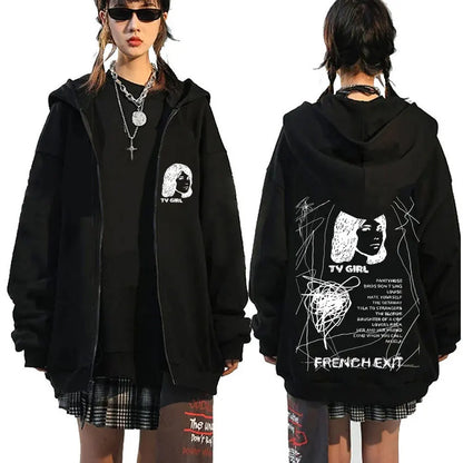 TV Girl Who Really Cares Graphic Print Zipper Hoodie Men Women Fashion Casual Oversized Zip Up Jacket Male Fleece Sweatshirts