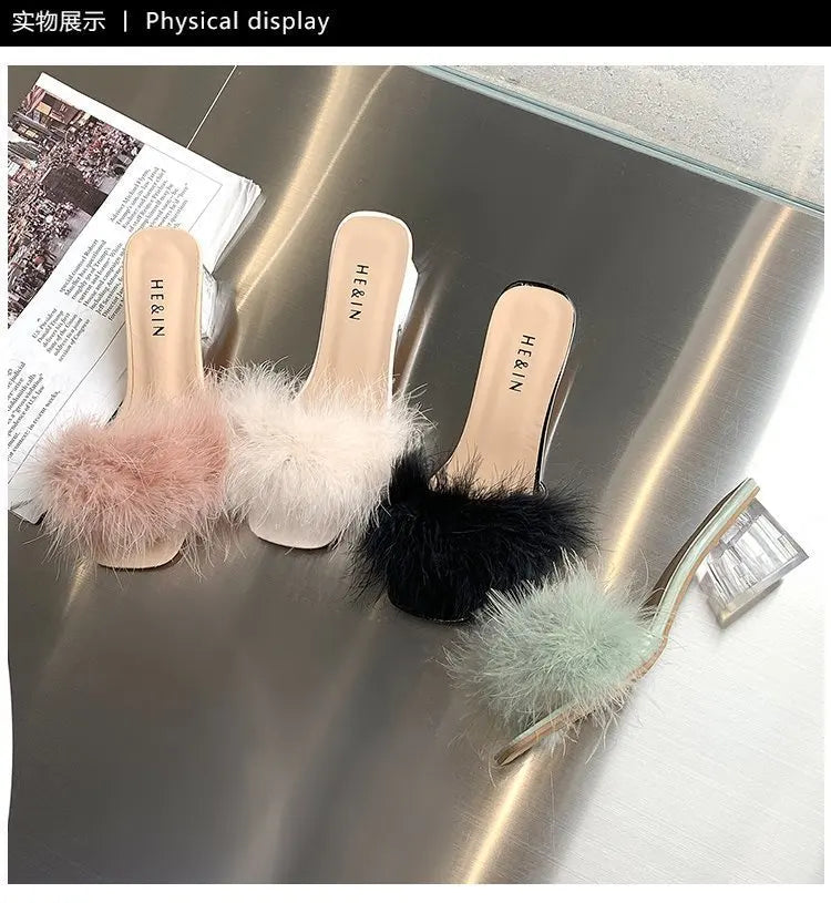 2023 Fluffy Peep Toe Sexy High Heels Women Shoes Fur Feather Lady Fashion Wedding Slip-On Pink Square Toe Women Sandals