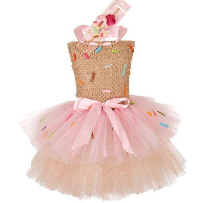 2026 Purim Girls Candy Icecream Dress Handmade Mesh Tutu Dress Childrens Birthday Carnival Party Ball Gown With Icecream Balloon