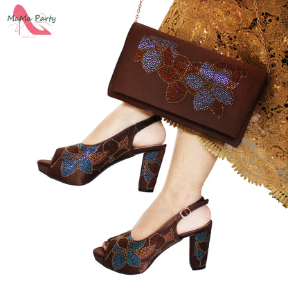 2024 Italian Design Shoes and Bag Set in Pink Color High Quality New Arrivals with Shinning Crystal for Wedding Party