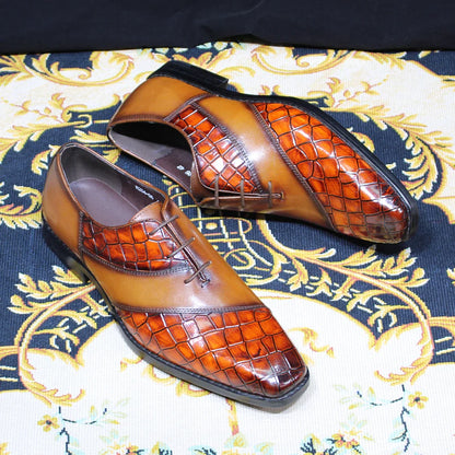 Luxury Men's Patent Leather Dress Shoes Alligator Pattern Oxford Brogue Lace-Up Formal Shoes for Office Wedding Party
