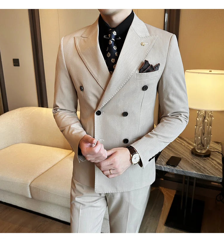 (Jackets+Pants) Luxury Double Breasted Design Slim Fit Suit High Quality Fashion Men's Wedding Social Suit Tuxedo 2 Piece Set