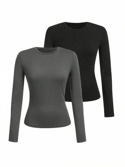 Women's solid-color long-sleeved T-shirt - Polyester knitted fabric, round neck, regular fit, fall-winter style