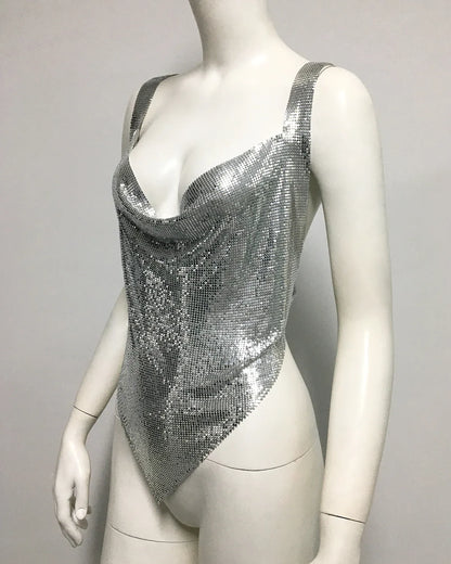 Shiny Metal Sequin Party Tank Top For Women Sexy Deep V Neck Backless Off The Shoulder Camisole Rave Nightclub Crop Top 2024 New