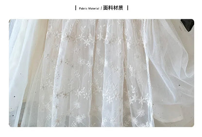 Kid Girl White Short Sleeve Dress Delicate Floral Embroidery Puff Mesh Sleeves and Tulle Overlay Skirt for Children Casual Wear