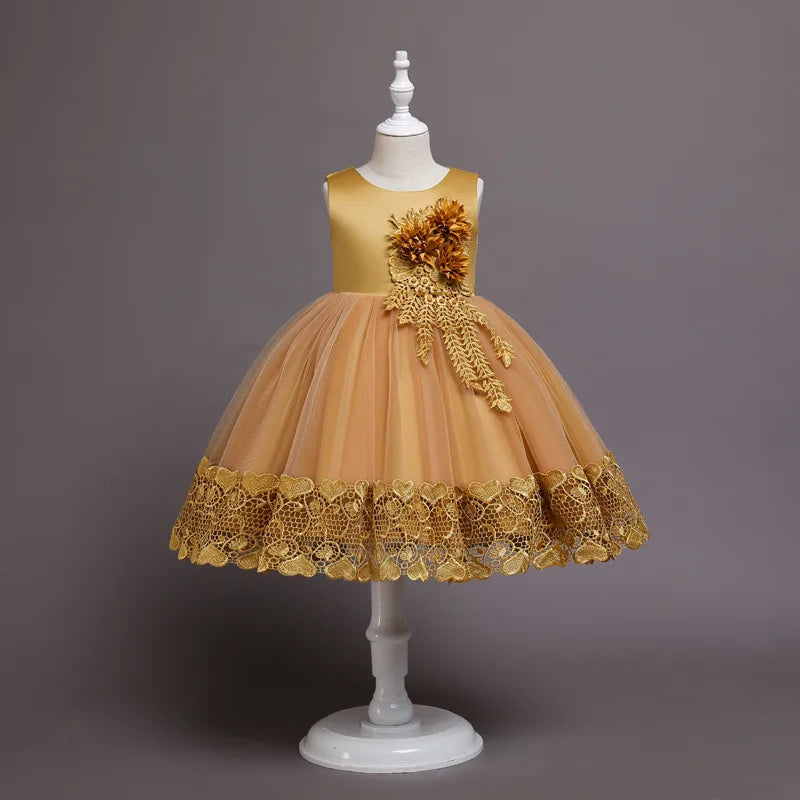 2023 Summer Girls Dress Lace Applique Flower Girl Party Dresses Children Costume 2-10 Years Kids Wedding Princess Birthday Dress
